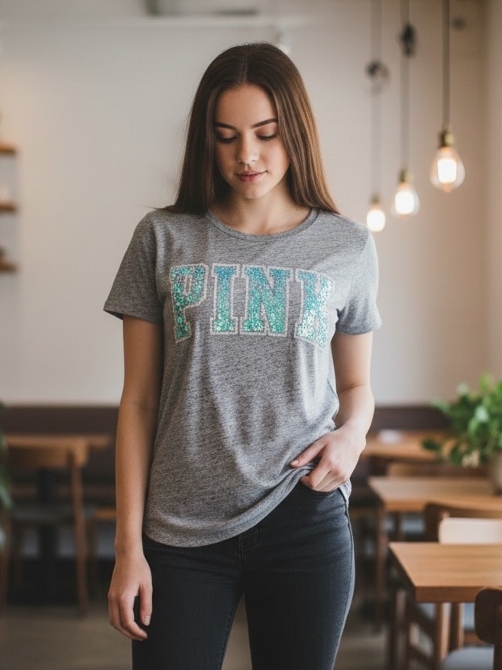 Victoria's Secret PINK Iridescent Sequin Logo Tee Gray L